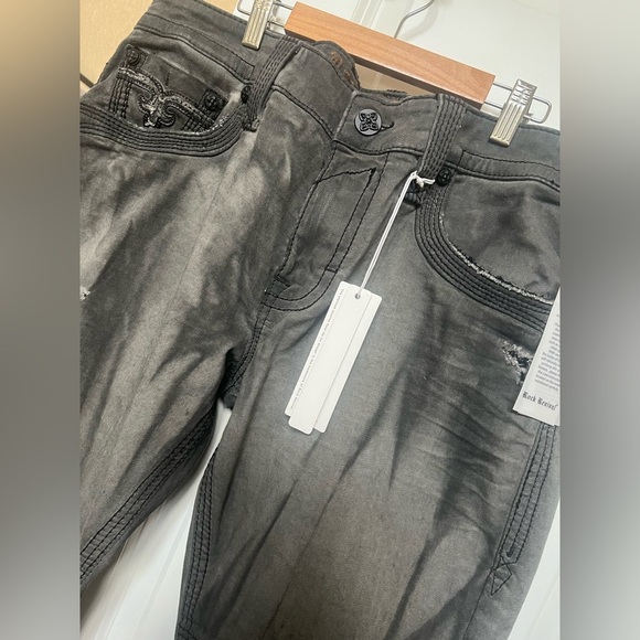 Rock Revival Armory Biker Faded Gray Distressed
Embellished Jeans - Picture 6 of 17